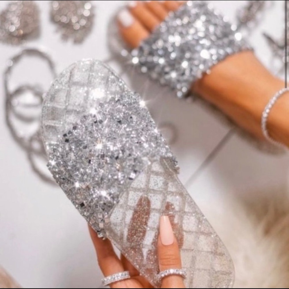Embellished Bedazzled Silver Slides